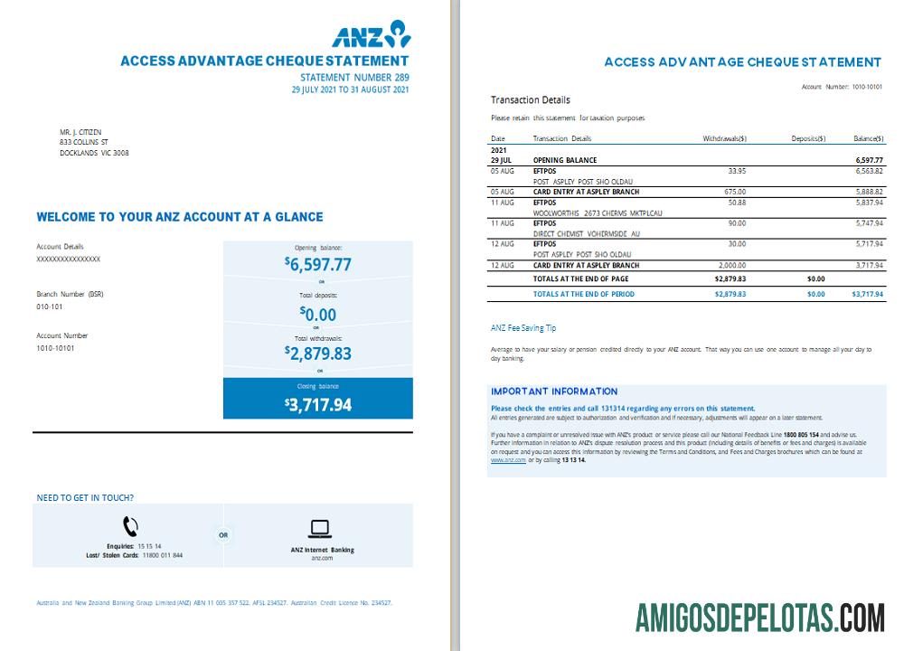 Extrato bancário de comprovante de endereço ANZ da Austrália em branco modelo.1